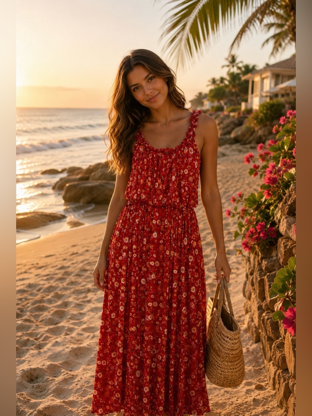 Chenault Red Floral Smocked Maxi Dress